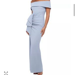 Ruched Off the Shoulder Crepe Gown in Sky Blue size 8